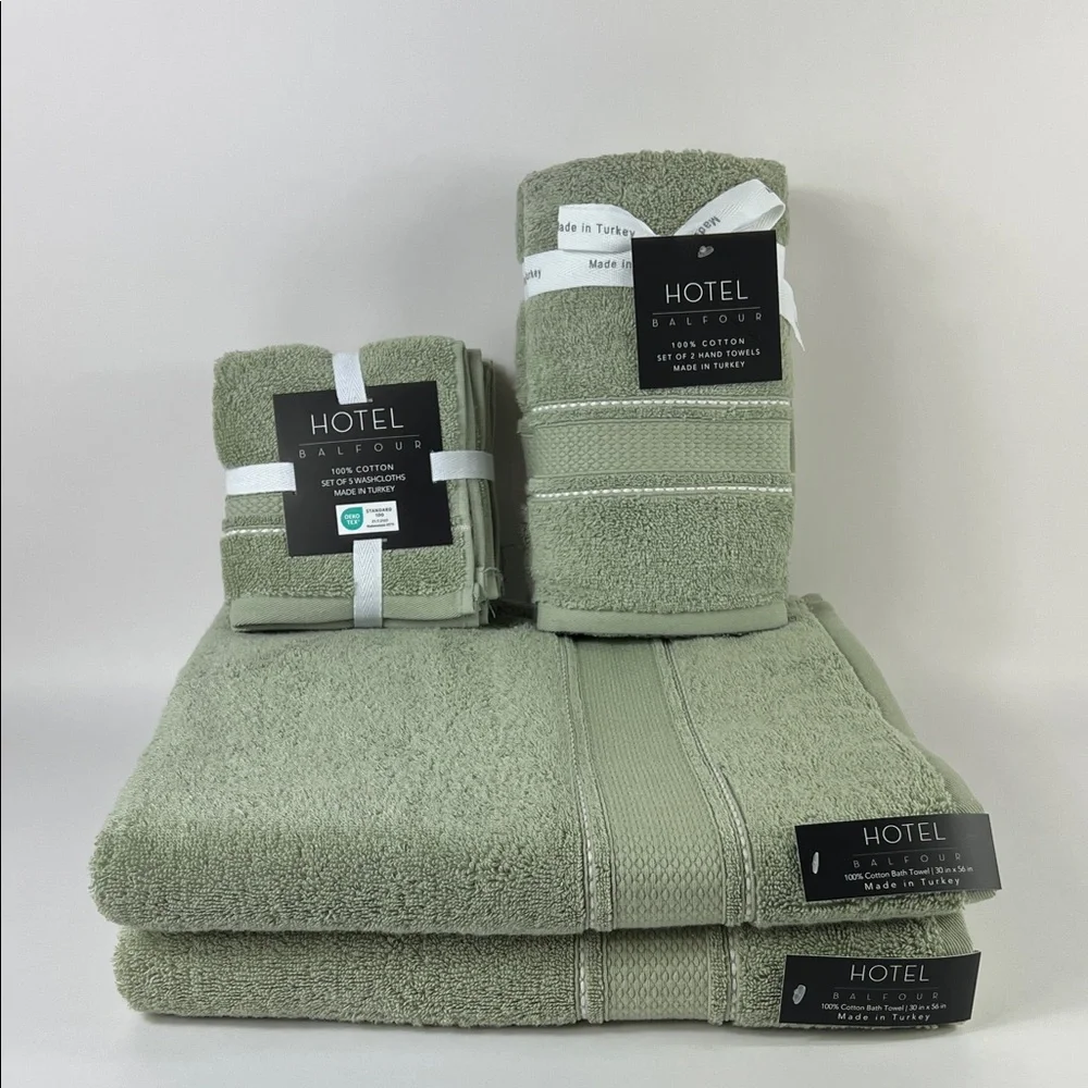 Hotel Balfour Bath Towel Set Sage Green White Stripe Soft Cotton Set of 9 NEW